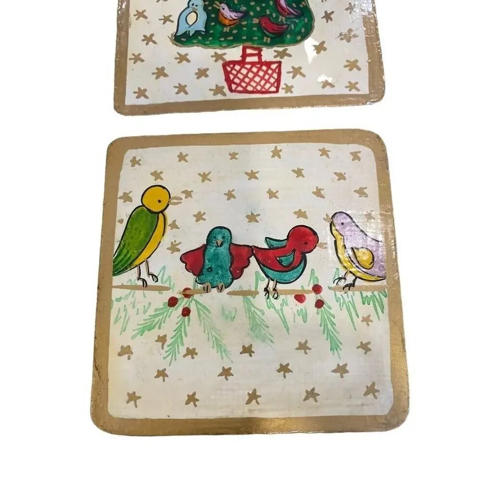 Foreside Painted Christmas Coasters Wooden Glossy Glaze With Box